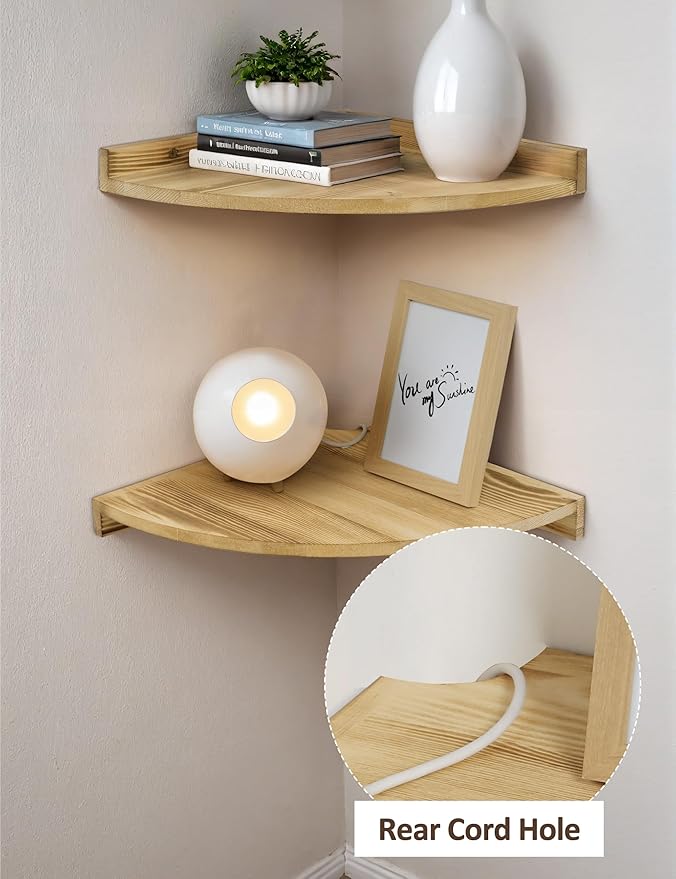 Corner Shelves Wall Mount, Farmhouse Rustic Corner Floating Shelf with Cord Hole, Wooden Storage Organizer Corner Wall Shelves for Kitchen Bathroom Living Room Bedroom Laundry, 12x12 Inch