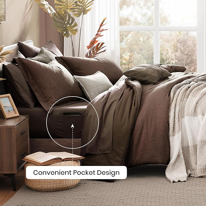 Monbix Queen Comforter Set - 7 Pieces Cationic Dyeing Chocolate Brown Bed in a Bag Queen Bedding Sets with Comforter, Sheets, Pillowcases & Shams, Reversible Bedding Comforters Sets