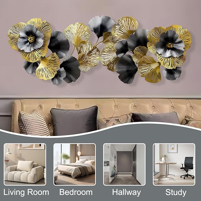edaknez Extra Large Metal Wall Art, Metal Wall Decor for Living Room, 3D Flower Leaves Wall Decoration, Coastal Nautical Wall Hanging Sculpture, for Indoor Outdoor Black & Gold (B 145x55x6cm)