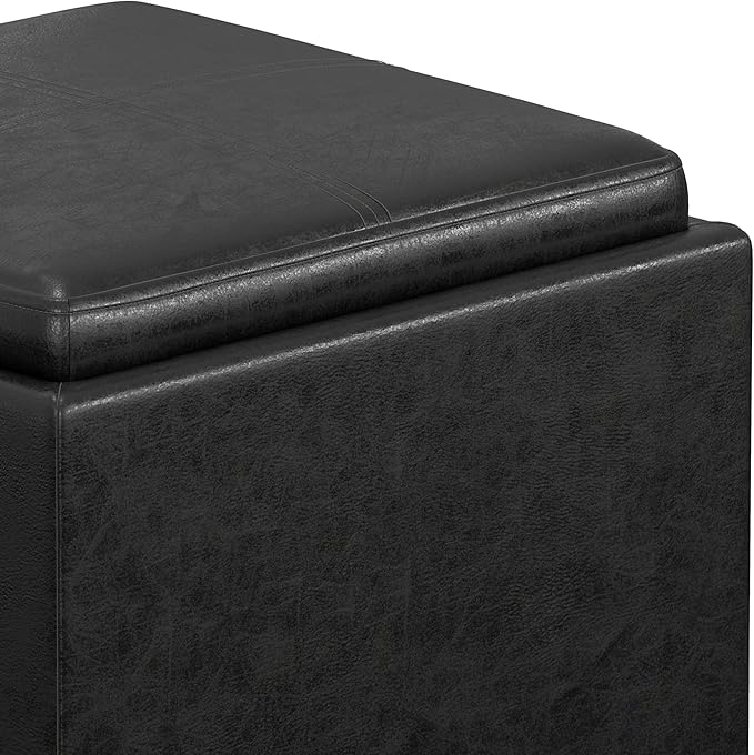 SIMPLIHOME Rockwood Cube Storage Ottoman with Tray - 17 inch Wide Upholstered Vegan Leather Square Storage Ottoman in Distressed Black, Contemporary Cube Ottoman for Living Room with Serving Tray