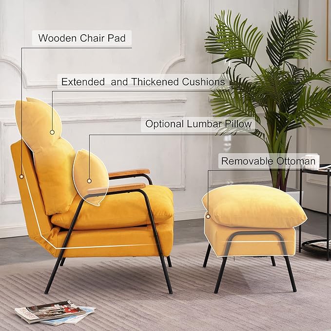 MCombo Accent Recliner Chair with Ottoman, Modern Linen Fabric Armchair, Upholstered Sofa Bed for Living Room Bedroom, Small Space 4055 (Yellow)