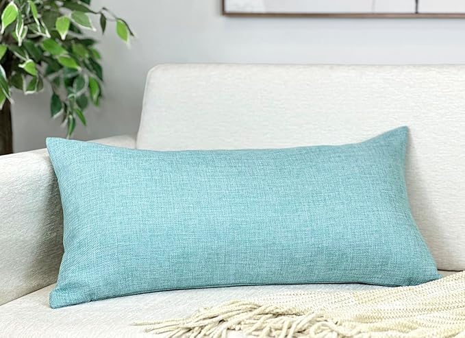 Aiking Home Woven Fine Faux Linen Throw Pillow Cover, Size 14"x26", Aqua