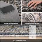Washable 3x5 Entryway Rug, Boho Non-Slip Vintage Distress Small Rugs for Kitchen Nursery Office Bedroom, 0.3" Neutral Oriental Throw Thin Carpet with Cushioning Pad, Black/Brown/Blue/Multi