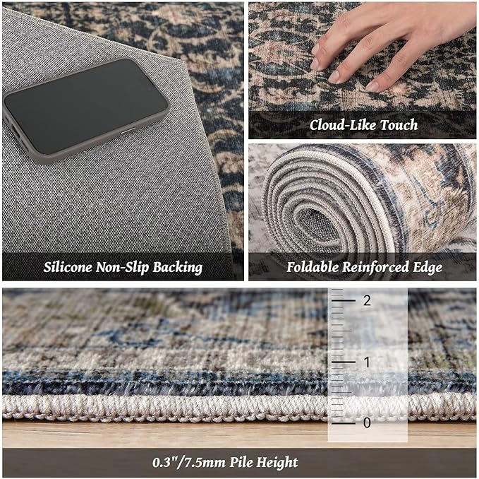 Washable 4x6 Rugs for Living Room, Boho Non-Slip Vintage Distress Small Rugs for Bedroom Nursery Office, 0.3" Neutral Oriental Throw Thin Carpet with Cushioning Pad,Black/Brown/Blue/Multi