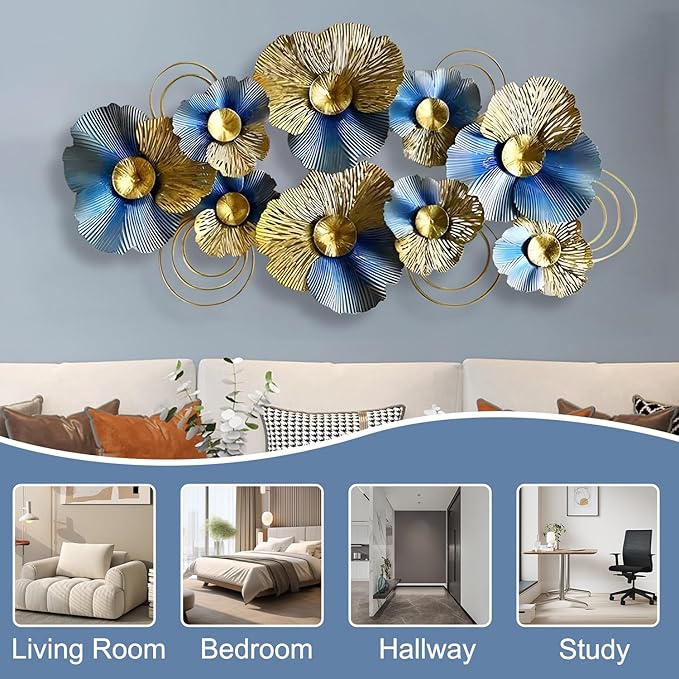 edaknez Metal Wall Art for Living Room, Extra Large Metal Wall Decor, 3D Modern Leaves Wall Decoration, Lotus Flower Wall Hanging Sculpture, for Indoor Outdoor, Blue & Gold (A 130x66x6cm)