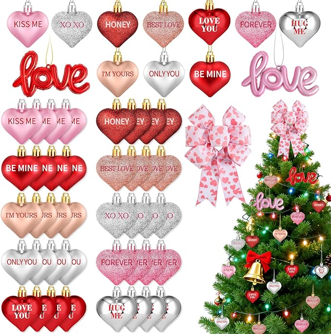 43Pcs Valentine's Day Heart Shaped Ornaments with Valentine Tree Topper Bow, 13 Styles Heart Shaped Ornament with Sweet Love Words, Valentine Ornaments for Tree Wedding Anniversary Decoration