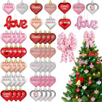43Pcs Valentine's Day Heart Shaped Ornaments with Valentine Tree Topper Bow, 13 Styles Heart Shaped Ornament with Sweet Love Words, Valentine Ornaments for Tree Wedding Anniversary Decoration