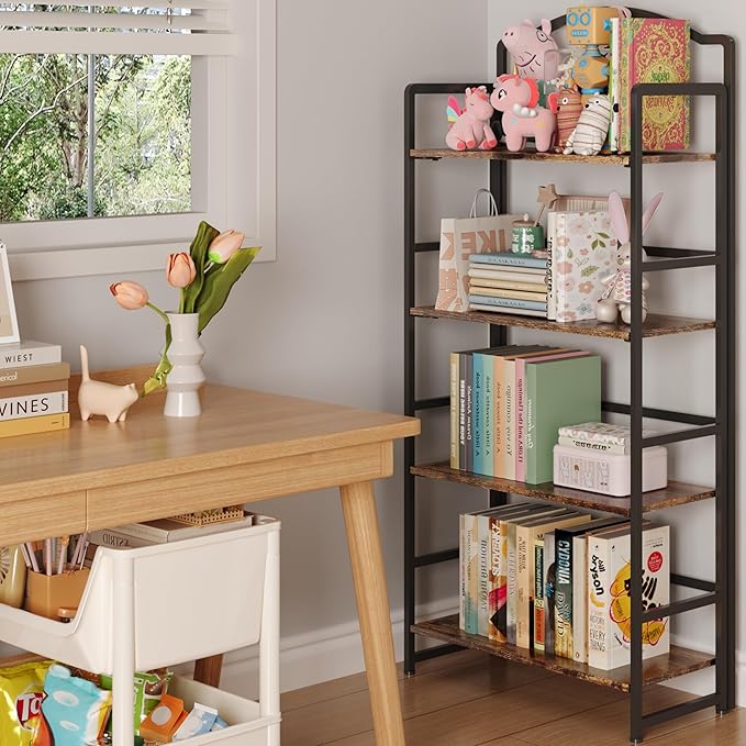 JSB No Assembly Folding Bookshelf, 4 Tier Book Shelf for Storage, Vintage Wood Foldable Bookcase for Living Room, Bedroom, Office Organization Shelves