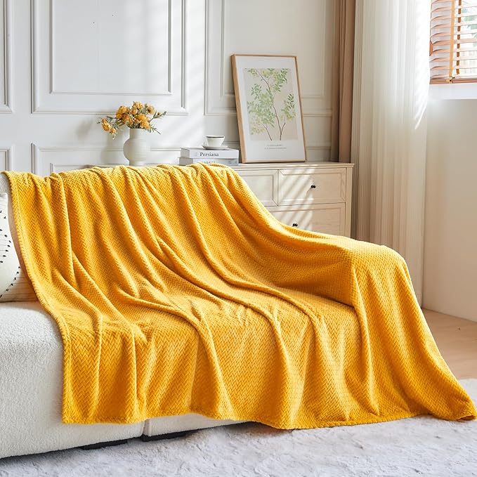 NEWCOSPLAY Super Soft Twin Blanket Mustard Yellow Premium Silky Flannel Fleece Leaves Pattern Lightweight Bed Blanket All Season Use (Mustard Yellow, Twin(60"x80"))