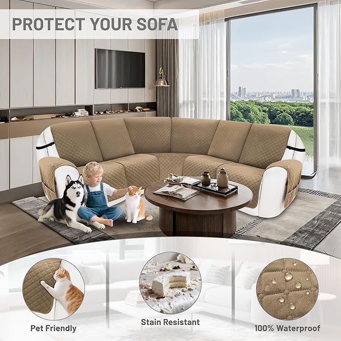 Reclining Sectional Couch Covers 100% Waterproof Velvet L Shape Recliner Couch Covers for Dogs Pets Washable Anti Slip Recliner Slipcovers with Pockets (5 Seat Sofa, Camel)