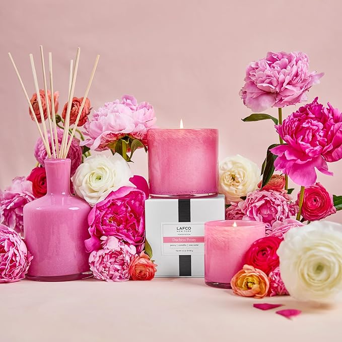 LAFCO New York Signature Reed Diffuser, Duchess Peony - 15 oz - Up to 9 Months Fragrance Life - Reusable, Hand Blown Glass Vessel - Natural Wood Reeds - Made in The USA