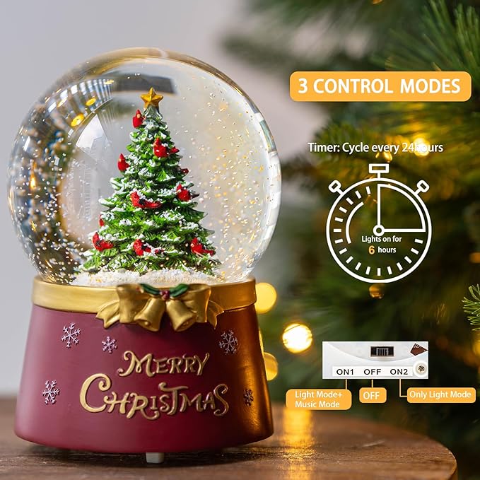 Snow Globe Lighted Christmas Decorations, Christmas Tree Musical Glass Snow Globe with Swirling Glitter, Christmas Holiday Party Gifts and Decorations