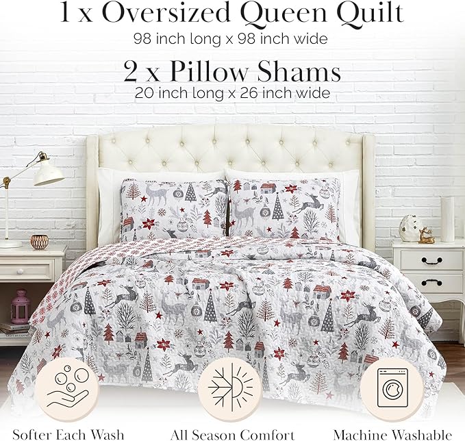 Southshore Fine Living, Inc. Holly Jolly Christmas Quilts Queen Size, Christmas Bedding Set 3-Piece Oversized Holiday Quilt Set with Quilted Shams, Full/Queen