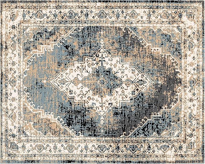 MICRODRY Area Rug, Low-Profile Design for Sleek, Bulk-Free Look. Machine Washable, Stain-Resistant, Skid-Resistant Backing, Ideal for Bedroom, Living Room, Kitchen, Entryway, 8x10, Inez (Cream/Blue)