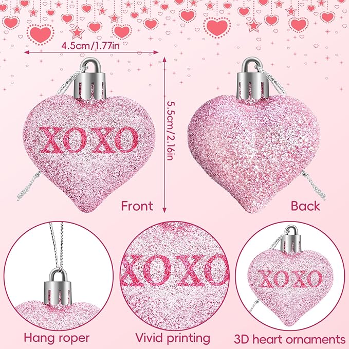 JULMELON 24Pcs Valentine's Day Heart Shaped Ornaments Romantic Valentines Conversation Heart Hanging Ornaments Decorations for Home Party Wedding Decor (Red, Pink and Silver)