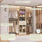 Closet System, 4-8 FT Closet Organizer Systems with 2 Wooden Drawers and 5 Hanging Rods, Can Fit 60 to 96 inch Walk-in Closet System, Greige Oak