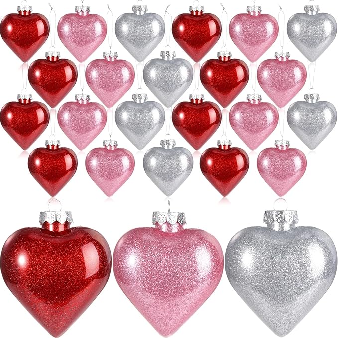 Civaner 24 Pcs Large Valentine's Day Heart Shaped Ornaments Outdoor, Glitter Heart Shaped Baubles with Pre-Strung Wire, Romantic Home Hanging Decorations for Valentine Tree (Red Pink Silver)