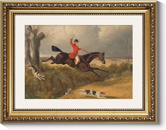 ARPEOTCY Gold Framed Canvas Wall Art, 11x14 Inch Vintage Equestrian Fox Hunting Painting, Classic Horse and Rider Artwork, English Country Hunt Decor for Living Room, Office, or Study