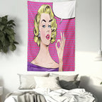 Ambesonne Vintage Tapestry Twin Size, Pop Art Blonde Woman Making OK Sign on Dotted Background Retro Comic Book Design, Wall Hanging Bedspread Bed Cover Wall Decor, 68" X 88", Pink Blue