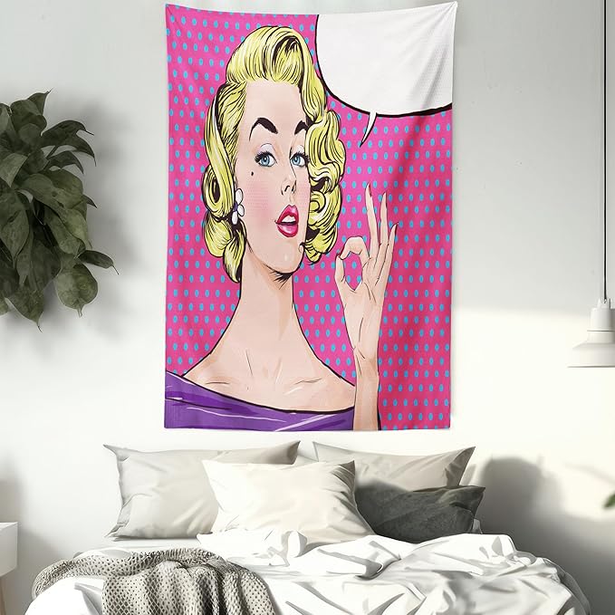 Ambesonne Vintage Tapestry Twin Size, Pop Art Blonde Woman Making OK Sign on Dotted Background Retro Comic Book Design, Wall Hanging Bedspread Bed Cover Wall Decor, 68" X 88", Pink Blue