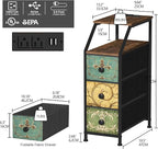 Tohomeor Narrow Dresser Tall Skinny Storage Tower Vertical Slim Chest of Drawers with Charging Station Small Nightstand Side Table for Bedroom, Bathroom, Small Spaces (Retro Flower, 3 Drawers)