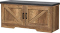 2-Tier Storage Bench, 39.4" Wide Shoe Bench with Padded Seat Cushion, Entryway Bench with 2 Barn Doors and Adjustable Shelf, Rustic Walnut