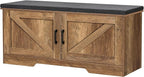 2-Tier Storage Bench, 39.4" Wide Shoe Bench with Padded Seat Cushion, Entryway Bench with 2 Barn Doors and Adjustable Shelf, Rustic Walnut