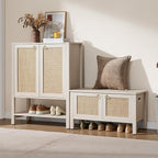 SICOTAS Rattan Shoe Bench - 2 Pieces Farmhouse Shoe Organizer Bench with Lift Top Storage and Hidden Cabinet, Boho Shoe Rack Cabinet for Entryway, Hallway, Bedroom (White Cream Oak)