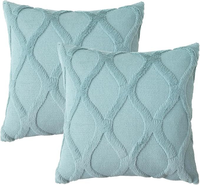 decorUhome Spring Throw Pillow Covers 20x20 Inch Set of 2, Soft Plush Faux Fur Wool Aqua Couch Pillow Covers, Decorative Neutral Pillow Cases for Bed Sofa Living Room Home Decor