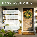 Solar Spring Wreath 24inchWreath for Front Door Artificial Pre-lit 50LED Spring Decorations for Outside Yellow Lemon Summer Decor Wreath for Wall Festival Holiday Farmhouse Decor(2407)