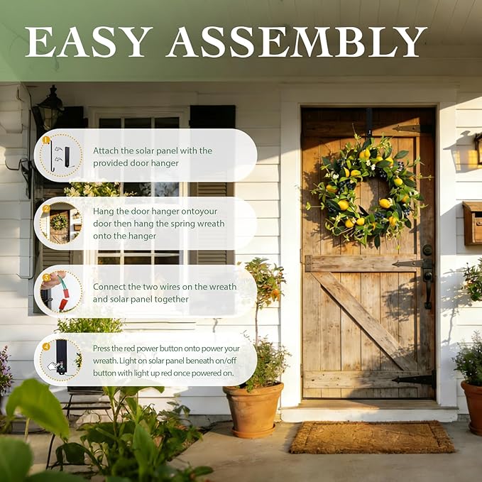 Solar Spring Wreath 24inchWreath for Front Door Artificial Pre-lit 50LED Spring Decorations for Outside Yellow Lemon Summer Decor Wreath for Wall Festival Holiday Farmhouse Decor(2407)