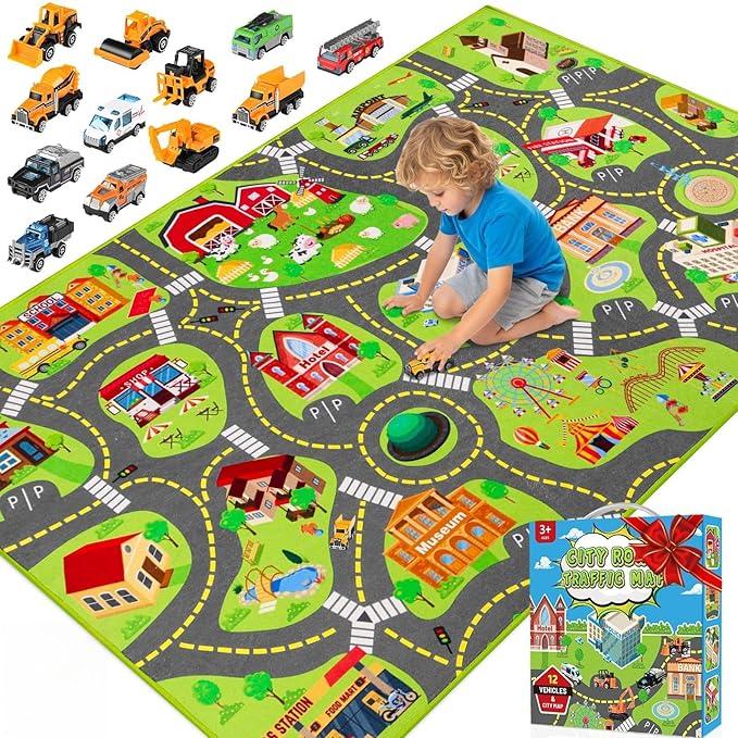 Kids Car Rug Play Mat with 12 Toy Vehicle Set, Kid Road Playmat Rug for Toy Cars, Cars Play Rugs Town City Map Carpet,Toddler Car Track Rugs for Kids Boys Playroom Bedroom (60"X36", City Map+Vehicle)