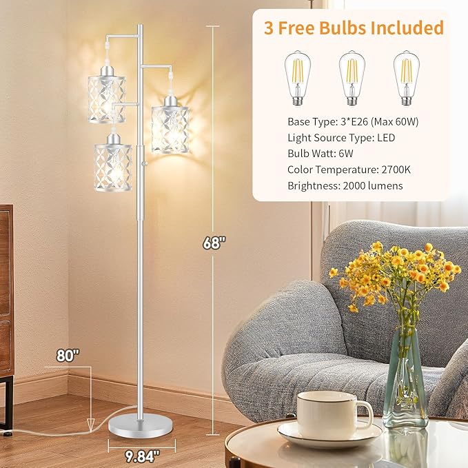 68" Dimmable Floor Lamp, Modern Standing Lamp with Elegant Metal Cages, Industrial Tall Tree Floor Lamps for Living Room, Bedroom, Study Room, Office (2000LM LED Bulbs Included) - Silver