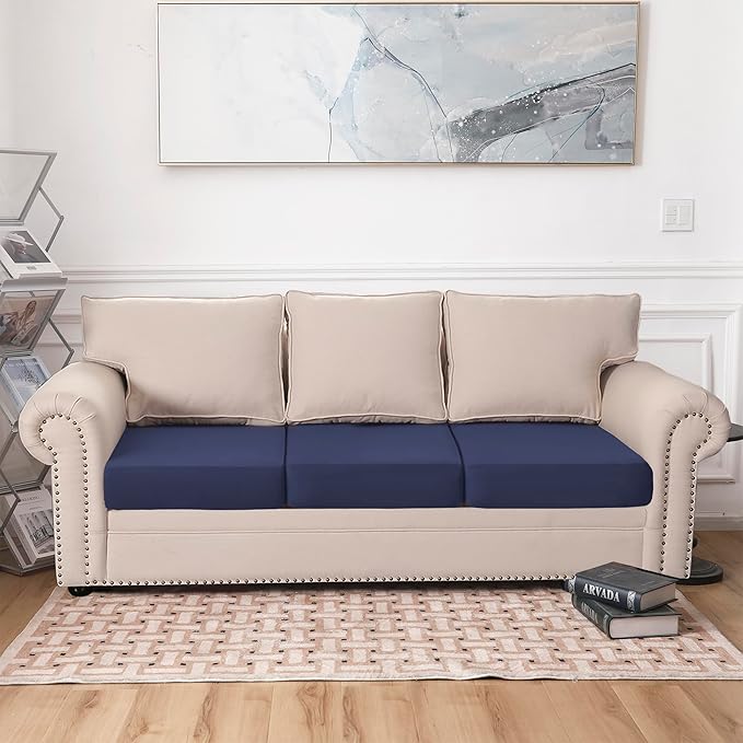 Waterproof Couch Cushion Covers, Stretch Individual Sofa Seat Cover for Sectional L Shaped Sofa, Reversible Couch Furniture Protector for Pets (3-Piece Sofa Cushion Cover, Navy)