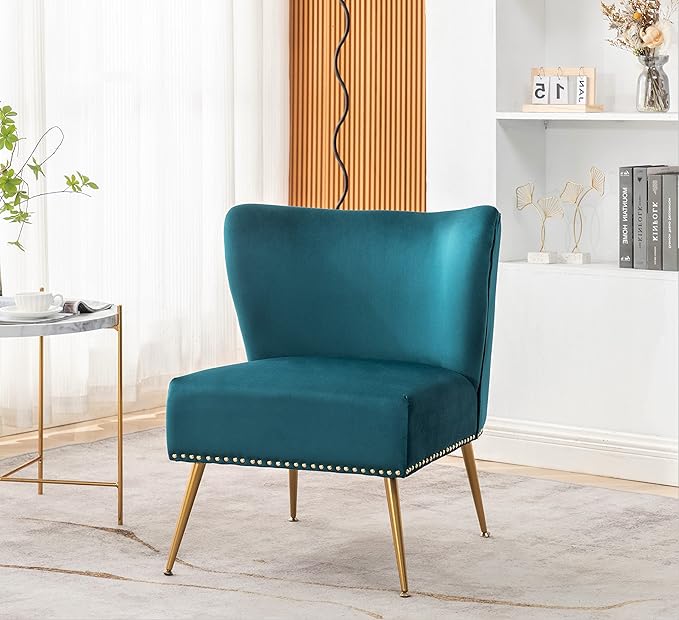 Thia Armless Velvet Accent Chair for Living Room, Elegant Seat with Nailhead Trim, Gold Metal Legs and Comfortable Curved Back, 28" D x 25" W x 29.5" H, Bluish Green