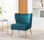 Thia Armless Velvet Accent Chair for Living Room, Elegant Seat with Nailhead Trim, Gold Metal Legs and Comfortable Curved Back, 28" D x 25" W x 29.5" H, Bluish Green