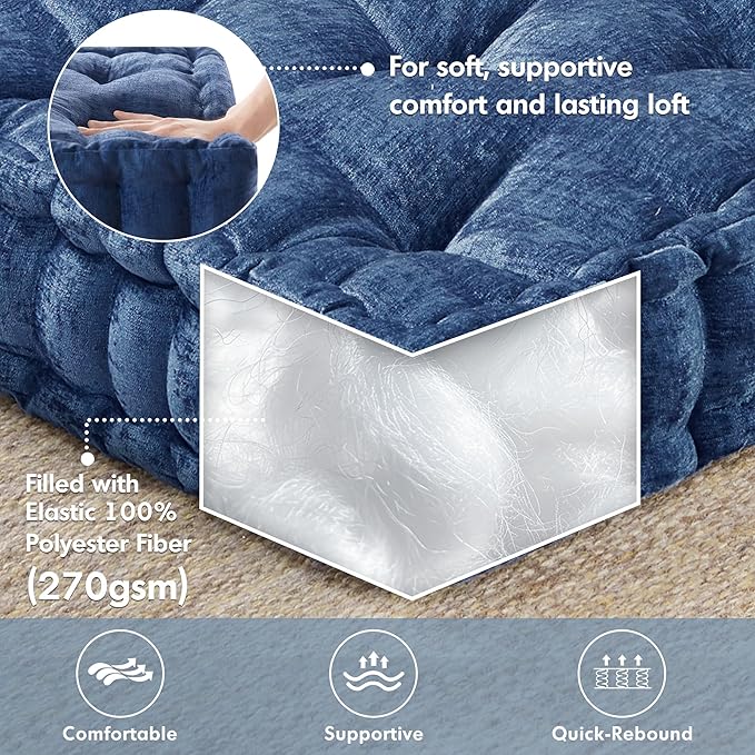 Intelligent Design Azza Floor Pillow, Large Cushions Sitting for Adults, Floor Pillow for Meditation or Yoga, Lustrous Chenille Tufted with Scalloped Edges for Bench/Chair Cushion, 20"x20"x5" Navy