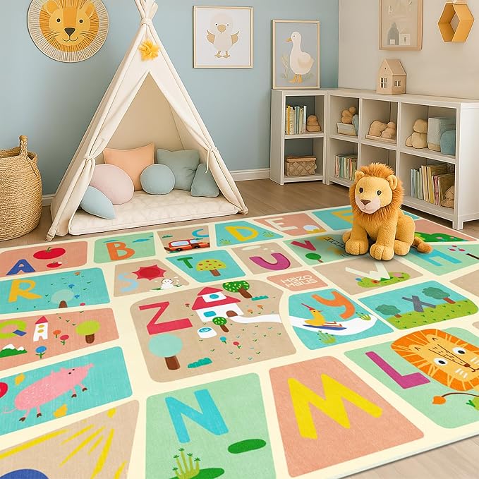 5x7 ABC Alphabet Rug for Preschool Kids – Educational Learning Play Mat for Toddlers, Washable Classroom or Playroom Carpet, Soft & Safe Baby Floor Rug with Fun Letters and Whimsical Art Décor