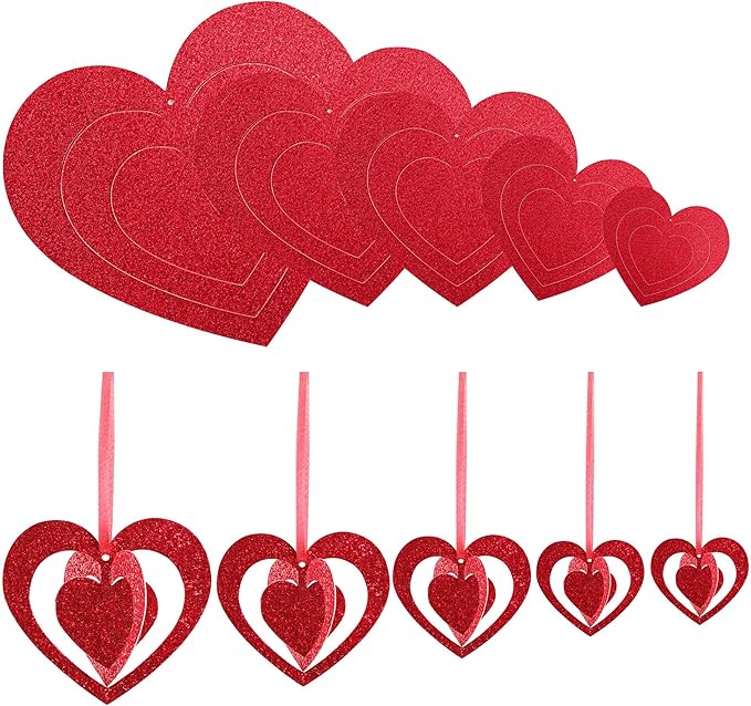 Deloky 32 Pcs Valentine's Hearts Hanging Foil Decoration- Wine Red 3D Glitter Heart Garland Ornament- Swirl Heart Ceiling Ornaments for Valentines, Wedding, Engagement, Anniversary Party Decor