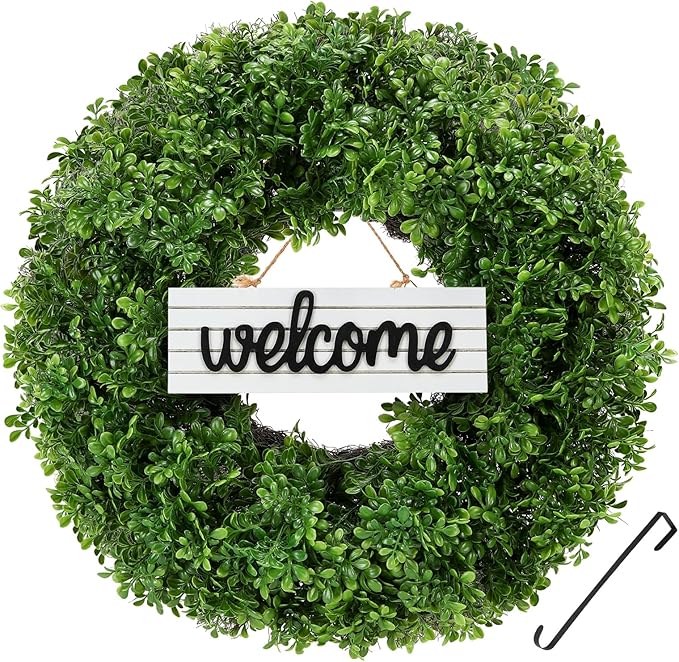 24" Spring Wreath for Front Door, Artificial Boxwood Wreaths, Summer Door Wreath, Used for Spring Home Decor,Farmhouse or Room Indoors,Outdoors, corridors, Offices (Green)