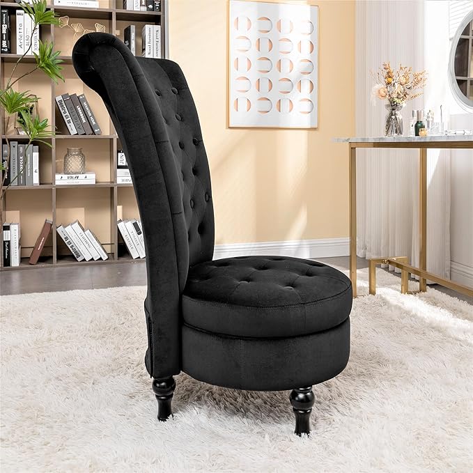 Royal High-Back Velvet Accent Chair for Vanity with Storage and Luxurious Upholstery, Retro Design and Versatile Usage for Living Room, Bedroom, Lounge and Office, Black