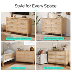 LINSY HOME Rattan Dresser with 6 Deep Drawers, 47" Wide Long Chest of Drawers, Mid Century Modern Tall Dresser, Large Wood Boho Storage Cabinet for Bedroom with Metal Handle and Durable Legs, Oak