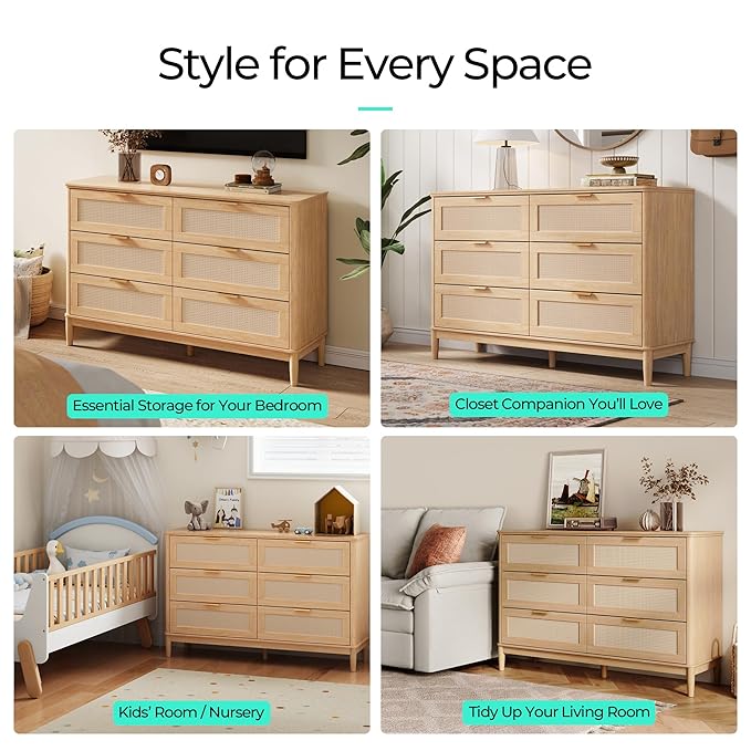 LINSY HOME Rattan Dresser with 6 Deep Drawers, 47" Wide Long Chest of Drawers, Mid Century Modern Tall Dresser, Large Wood Boho Storage Cabinet for Bedroom with Metal Handle and Durable Legs, Oak