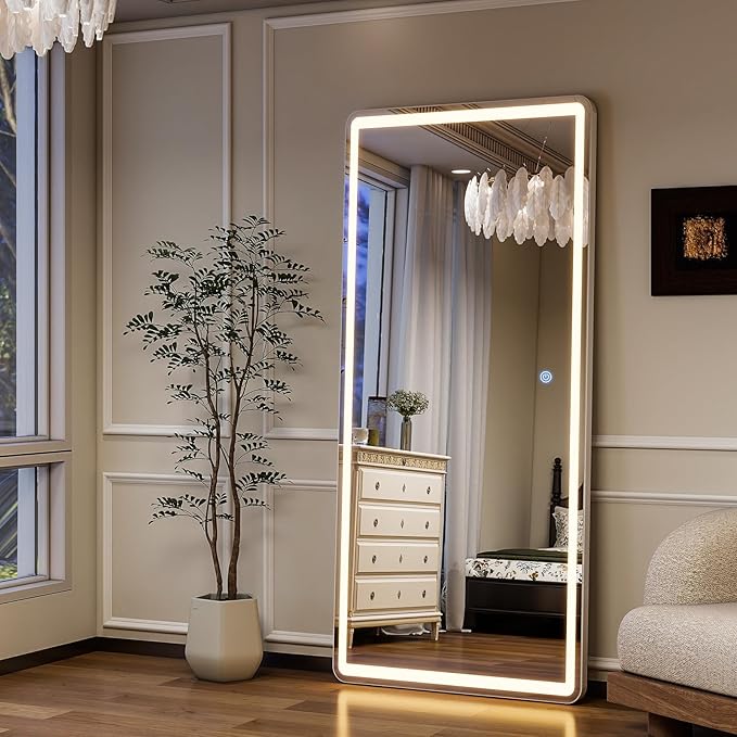 GLSLAND 65"x26" LED Mirror Full Length, Aluminum Alloy Floor Mirrors with Lights, 3 Color Lighting & Dimming for Bedroom Decorative Wall Mounted, White