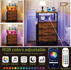 Bed Side Table with 3 Fabric Drawers, Night Stand with Charging Station, LED Nightstand with Hooks, Bedside Table End Table with Storage, Night Table for Living Room, Bedroom (Rustic Brown)
