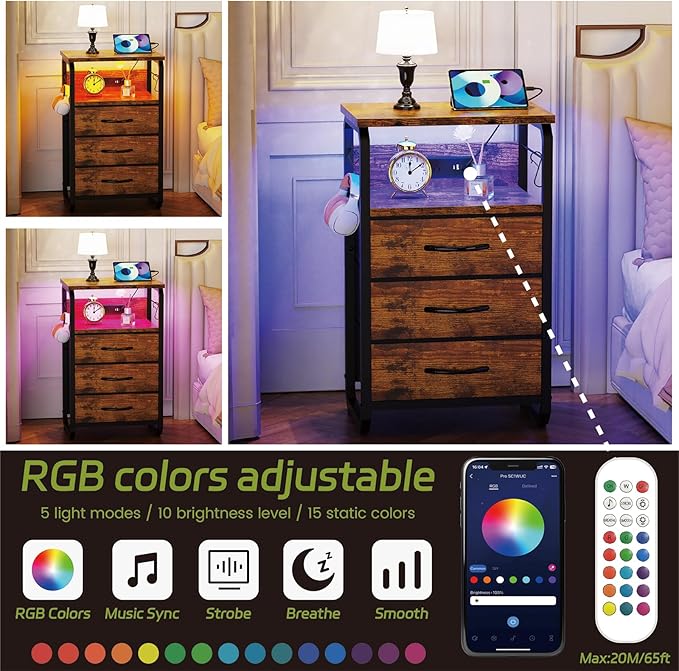 Bed Side Table with 3 Fabric Drawers, Night Stand with Charging Station, LED Nightstand with Hooks, Bedside Table End Table with Storage, Night Table for Living Room, Bedroom (Rustic Brown)