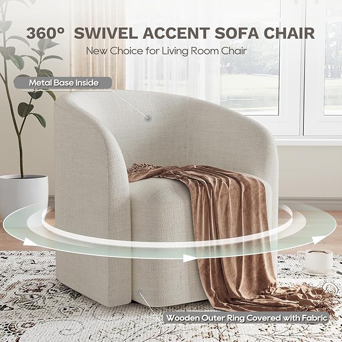 COLAMY Swivel Accent Chair, Modern Barrel Round Chair, Upholstered Comfy Living Room Chair with Armrest, Armchair for Reading Room/Bedroom/Waiting Room/Office, No Assembly, Beige