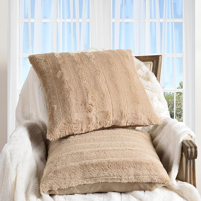 Cheer Collection Faux Fur Throw Pillows - Decorative Pillows for Couch, Bed Throw Pillows, Sand Accent Pillows for Bedroom or Living Room Aesthetic, Set of 2 Furry Throw Pillows, 20" x 20"