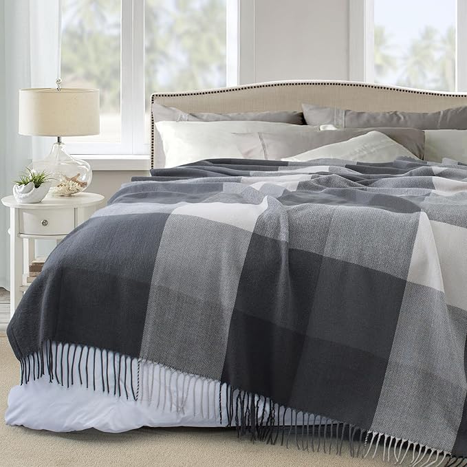 Buffalo Plaid Throw Blanket for Couch with Tassels,50"X60" Soft Lightweight Knitted Boho Decorative Blankets for Bed and Sofa Silver