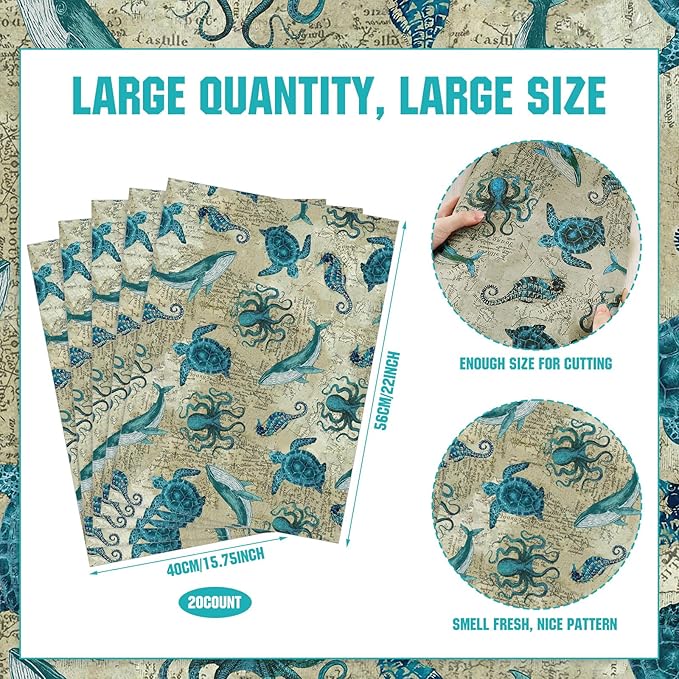 BBTO 20 Sheet Scented Drawer Liners for Dressers 15.8" x 22" Scented Fragrant Cabinet Paper Liners Non Adhesive Drawer Paper Mats for Bedroom Home Closet Shelves(Sea)